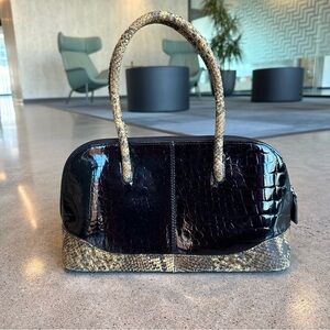 Black Leather Handle Bag With Snakeskin Details